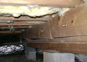 sagging crawl space with concrete supports and wooden shimming a Gardner crawl space